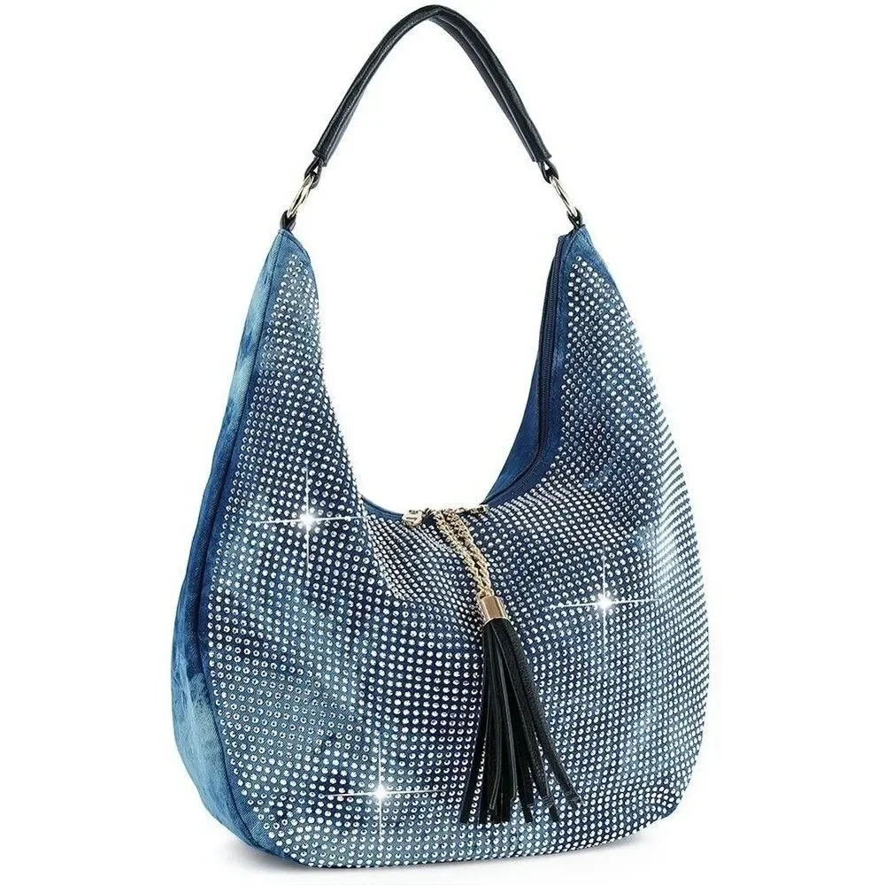 Large Blue Sparkling Hobo Handbag For Women Shimmering Stone Hobo Handbag